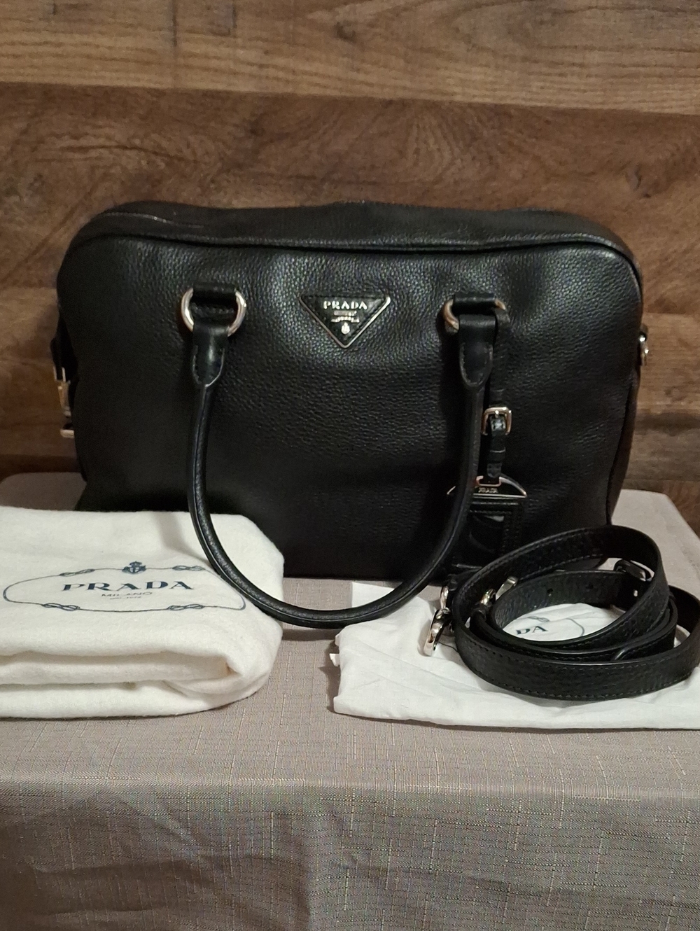 Prada Black Pebbled Leather Satchel with Removable Strap